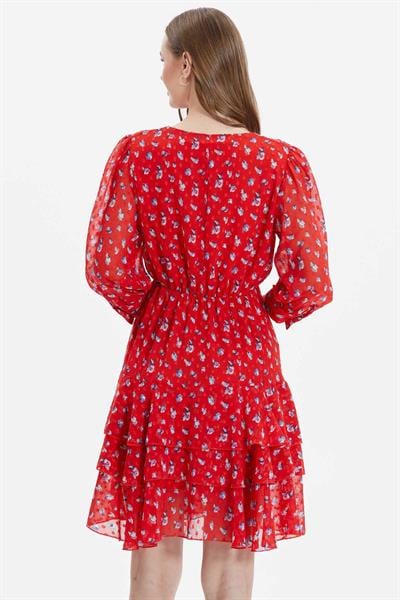 Kruvaze Eteği Üç Kat Volan Çıtır Çiçek Desen Elbise  /  KIRMIZI