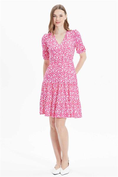 Kruvaze Eteği Volanlı Puantiye Desen Elbise  /  FUŞYA