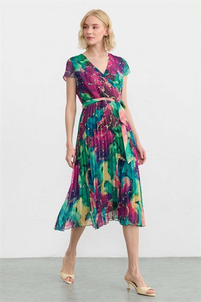 Kruvaze Kendinden Işıltı Desen Pliseli Kısa Kol Elbise  /  FUŞYA