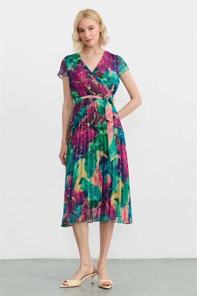 Kruvaze Kendinden Işıltı Desen Pliseli Kısa Kol Elbise  /  FUŞYA