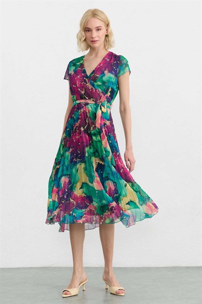 Kruvaze Kendinden Işıltı Desen Pliseli Kısa Kol Elbise  /  FUŞYA