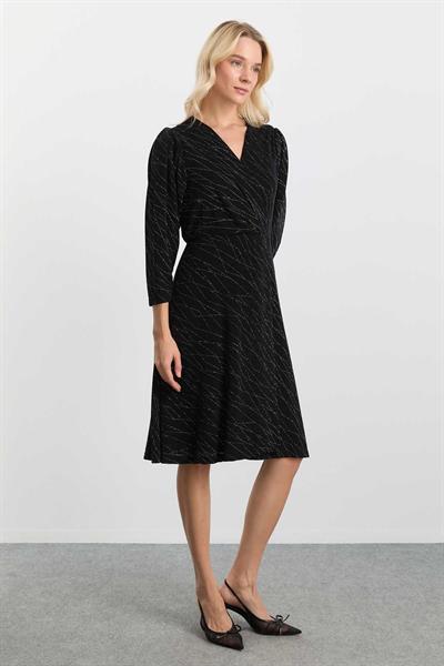 Kruvaze Kendinden Simli Kolu Plili Elbise  /  SİYAH