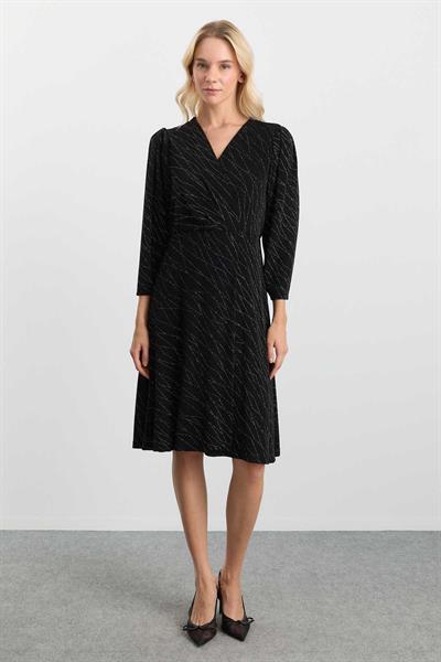 Kruvaze Kendinden Simli Kolu Plili Elbise  /  SİYAH