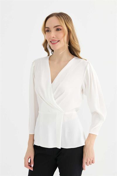 Kruvaze Omuzları Plili Bluz  /  EKRU