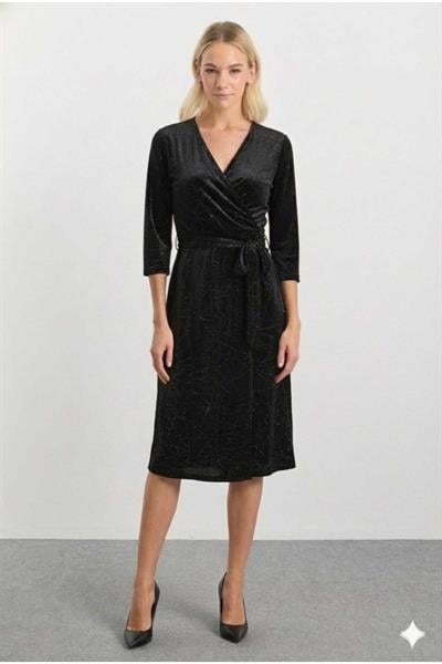 Kruvaze Simli Truvakar Kol Elbise  /  SİYAH
