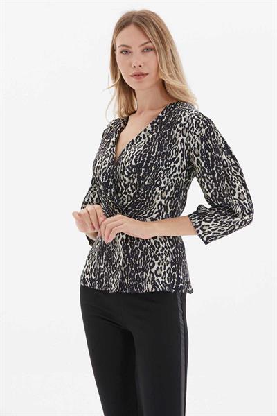 Kruvaze Truvakar Kol Leopar Desen Bluz  /  SİYAH