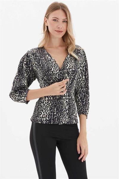 Kruvaze Truvakar Kol Leopar Desen Bluz  /  SİYAH