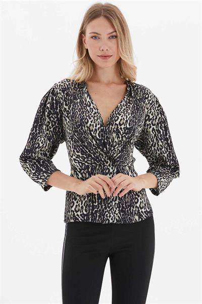 Kruvaze Truvakar Kol Leopar Desen Bluz  /  SİYAH