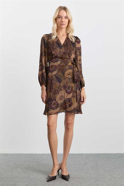 Kruvaze Yaka Anvelop Kapama Çiçek Desen Elbise  /  KAHVE