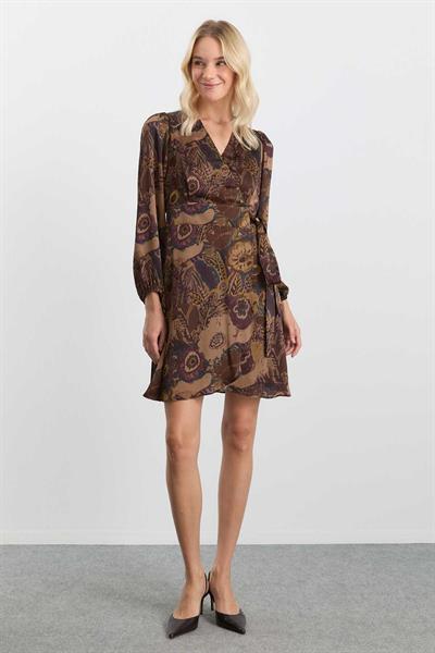 Kruvaze Yaka Anvelop Kapama Çiçek Desen Elbise  /  KAHVE