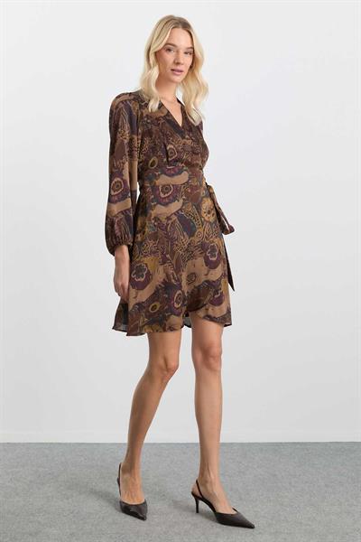 Kruvaze Yaka Anvelop Kapama Çiçek Desen Elbise  /  KAHVE