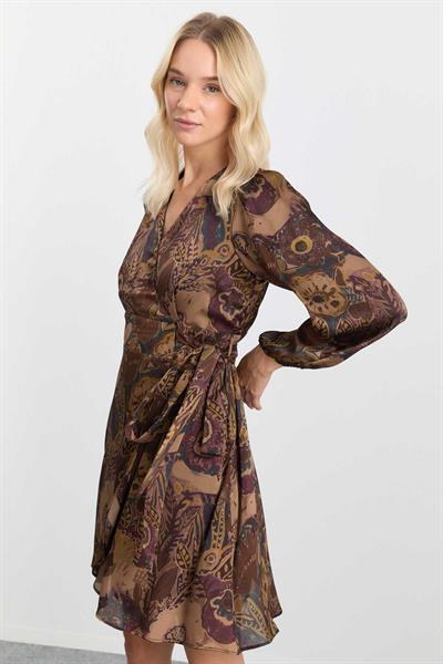 Kruvaze Yaka Anvelop Kapama Çiçek Desen Elbise  /  KAHVE