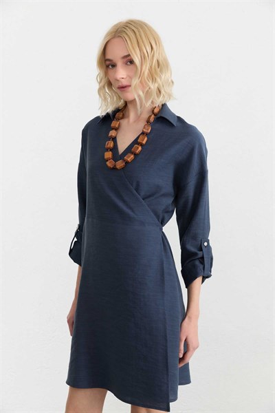 Kruvaze Yaka Anvelop Kapama Elbise  /  LACİVERT