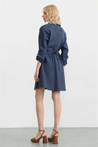 Kruvaze Yaka Anvelop Kapama Elbise  /  LACİVERT