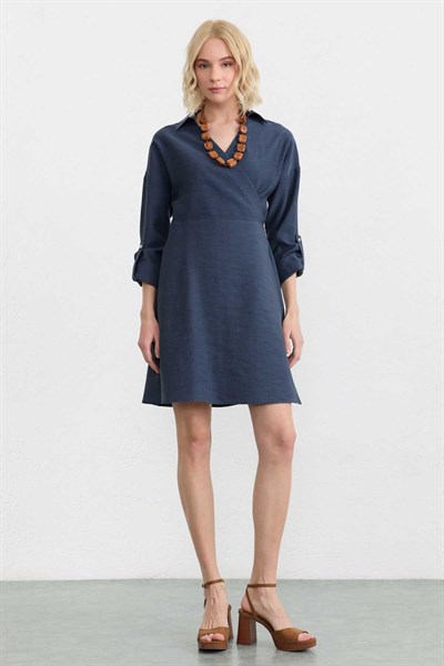 Kruvaze Yaka Anvelop Kapama Elbise  /  LACİVERT