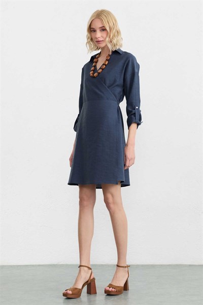 Kruvaze Yaka Anvelop Kapama Elbise  /  LACİVERT