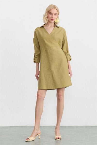 Kruvaze Yaka Anvelop Kapama Elbise  /  YEŞİL