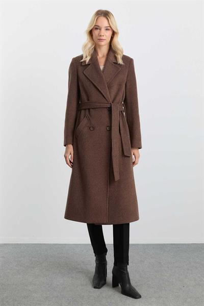 Kruvaze Yaka Bağlamalı Manto  /  KAHVE