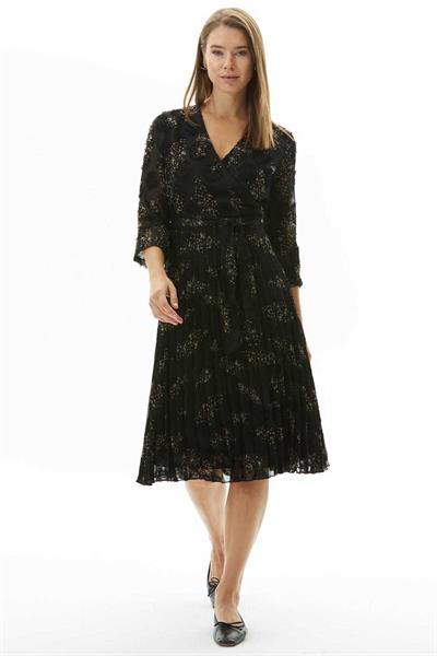 Kruvaze Yaka Eteği Pliseli Emprime Elbise  /  SİYAH