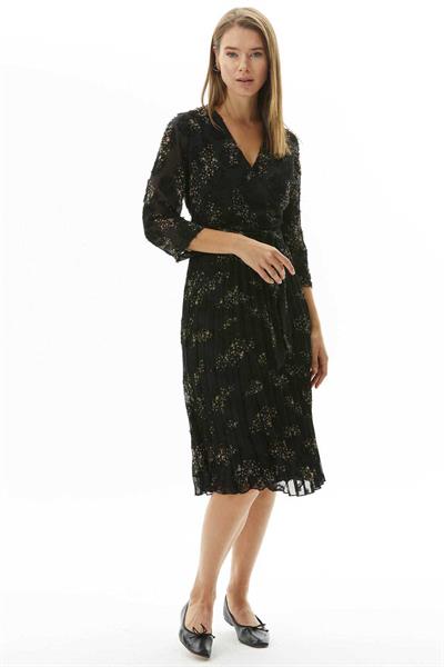 Kruvaze Yaka Eteği Pliseli Emprime Elbise  /  SİYAH