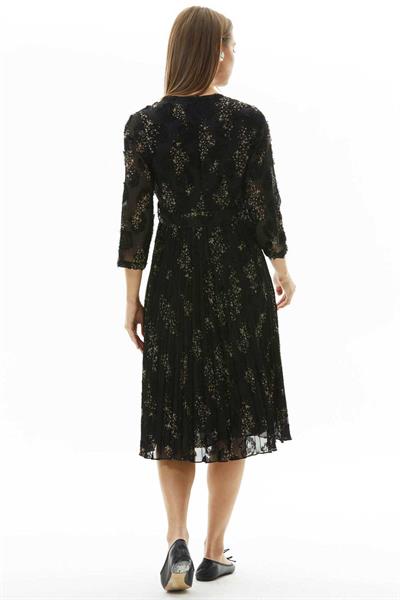 Kruvaze Yaka Eteği Pliseli Emprime Elbise  /  SİYAH