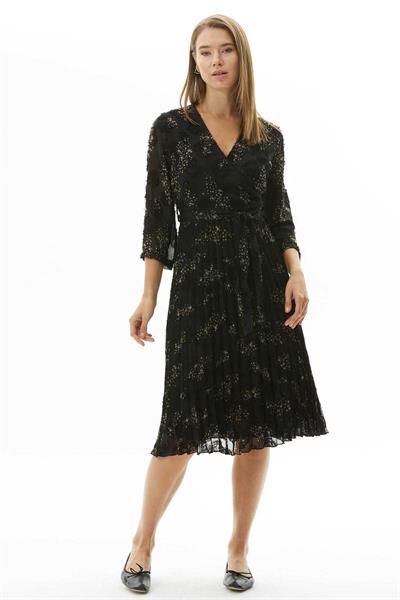 Kruvaze Yaka Eteği Pliseli Emprime Elbise  /  SİYAH