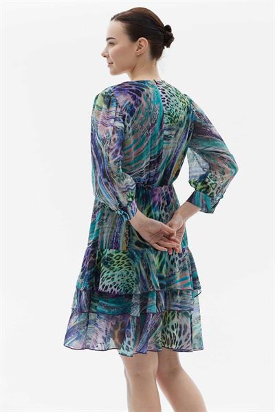 Kruvaze Yaka Eteği Üç Kat Volanlı Emprime Elbise  /  MOR