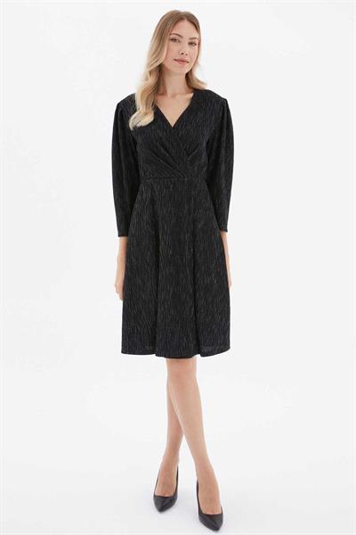 Kruvaze Yaka Kendinden Fitilli Elbise  /  SİYAH