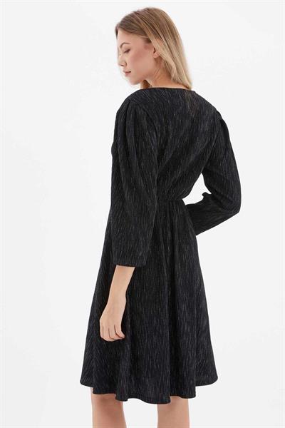 Kruvaze Yaka Kendinden Fitilli Elbise  /  SİYAH