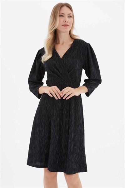 Kruvaze Yaka Kendinden Fitilli Elbise  /  SİYAH