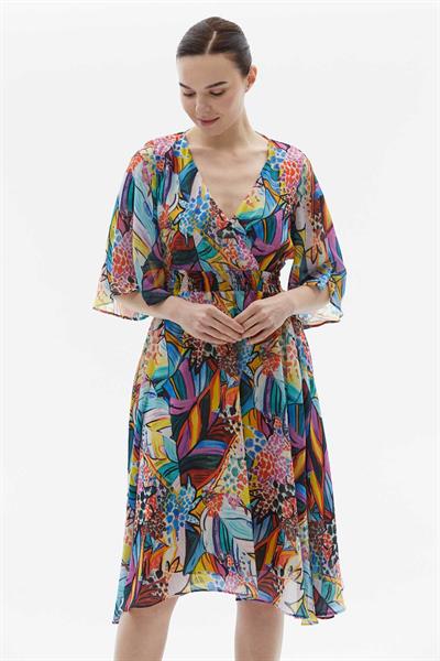 Kruvaze Yaka Kolu Dökümlü Çok Renkli Elbise  /  ORANJ