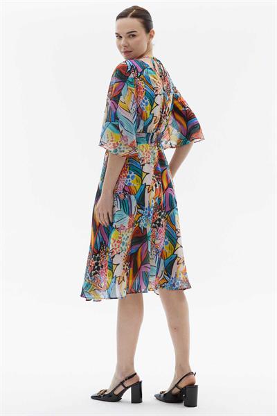 Kruvaze Yaka Kolu Dökümlü Çok Renkli Elbise  /  ORANJ