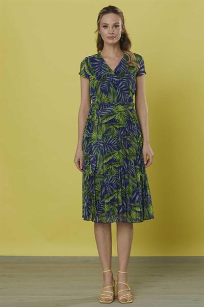 Kruvaze Yaka Palmiye Desen Pliseli Elbise  /  SAKS