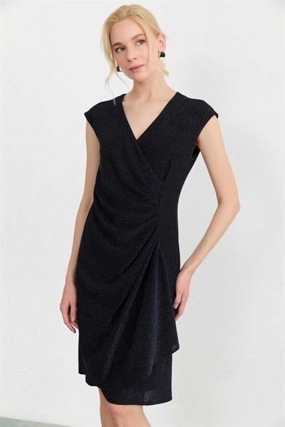 Kruvaze Yaka Yanı Drapeli Simli Elbise  /  LACİVERT