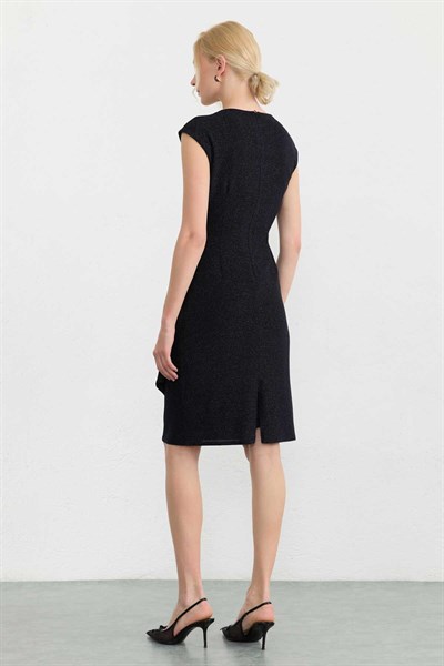 Kruvaze Yaka Yanı Drapeli Simli Elbise  /  LACİVERT