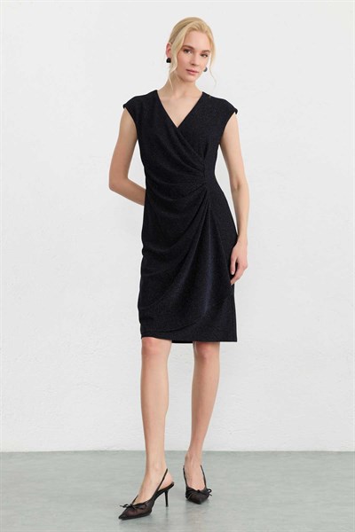 Kruvaze Yaka Yanı Drapeli Simli Elbise  /  LACİVERT