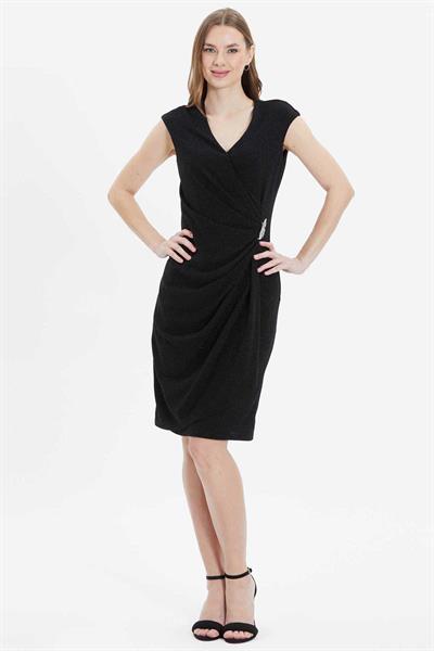 Kruvaze Yandan Drapeli Broşlu Simli Elbise  /  SİYAH