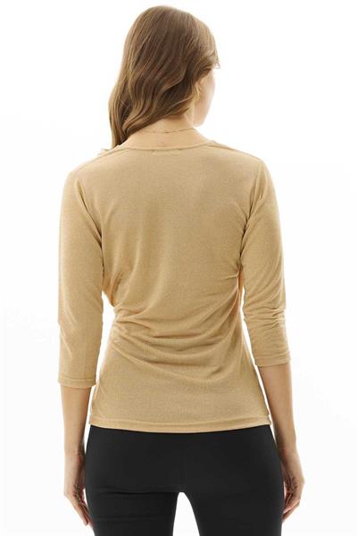 Kruvaze Yanı Plili Simli Bluz  /  CAMEL