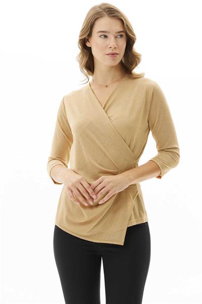 Kruvaze Yanı Plili Simli Bluz  /  CAMEL