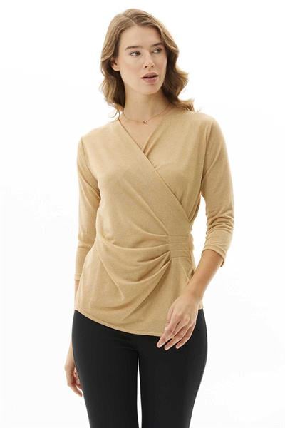 Kruvaze Yanı Plili Simli Bluz  /  CAMEL