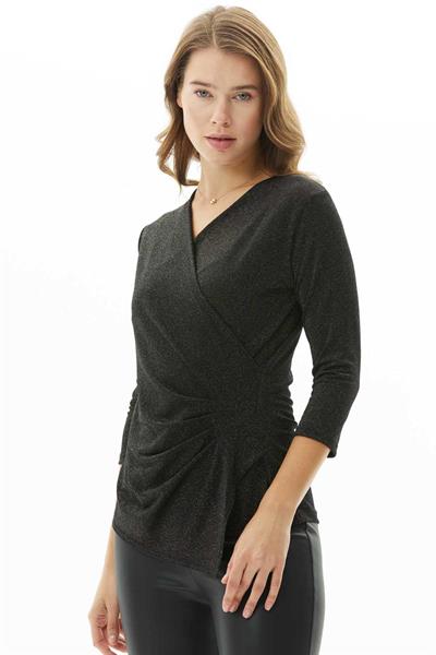 Kruvaze Yanı Plili Simli Bluz  /  SİYAH