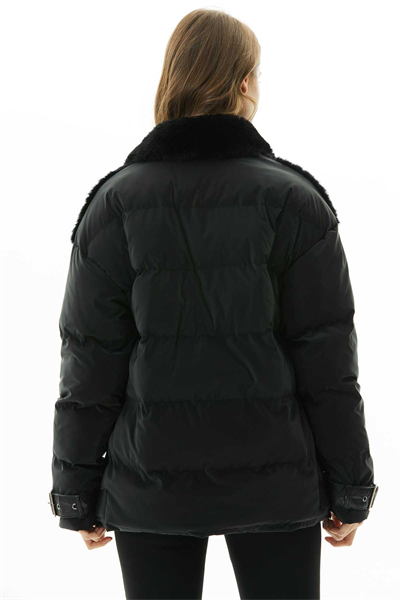 Mat Kapitone Kombinli Kürklü Kaban  /  SİYAH