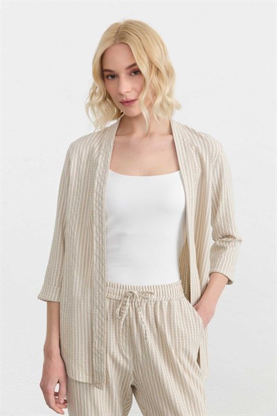 Önü Açık Çizgili Ceket  /  BEJ