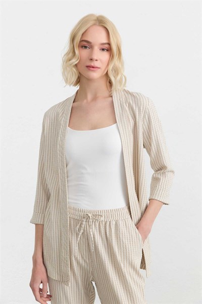 Önü Açık Çizgili Ceket  /  BEJ