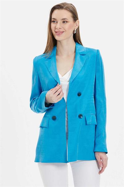 Önü Agraflı Uzun Ceket  /  MAVİ