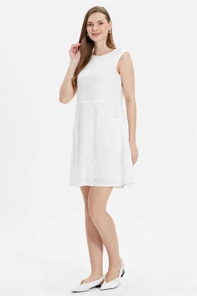 Önü Cepli Arkası Plikaşe Brode Elbise  /  EKRU