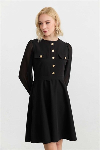 Önü Çift Cepli Kolu Şifon Kombinli Elbise  /  SİYAH