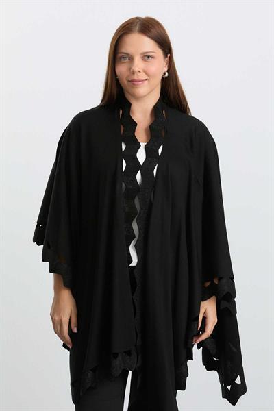 Önü Dilimli Simli Triko Panço  /  SİYAH