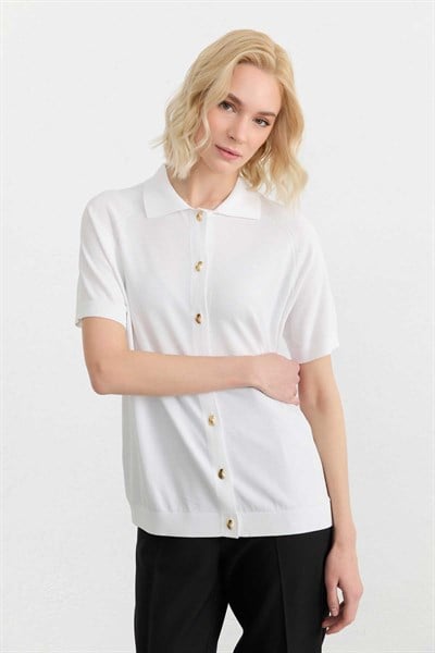 Önü Düğmeli Raglan Kol Şömizye Yaka Triko Bluz  /  EKRU