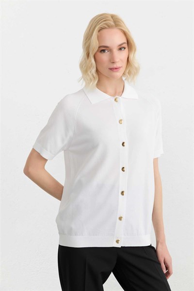 Önü Düğmeli Raglan Kol Şömizye Yaka Triko Bluz  /  EKRU